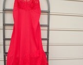 Coral Red Full Slip, Vintage Lace Slip Lingerie, Size 32B Small