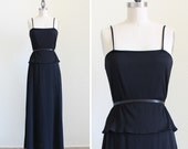 Vintage Maxi Dress . Black Peplum Dress . Long Black Dress . Formal Pleated Dress . size Medium