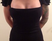 little black retro pinup girl low cut wide neckline puff-sleeve wiggle dress LBD - HANDMADE