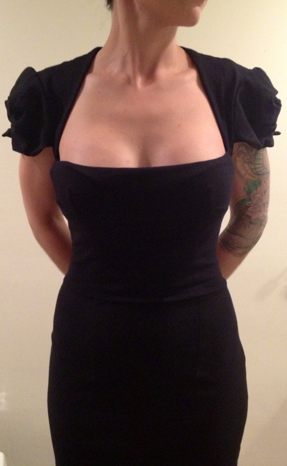 little black retro pinup girl low cut wide neckline puff-sleeve wiggle dress LBD - HANDMADE
