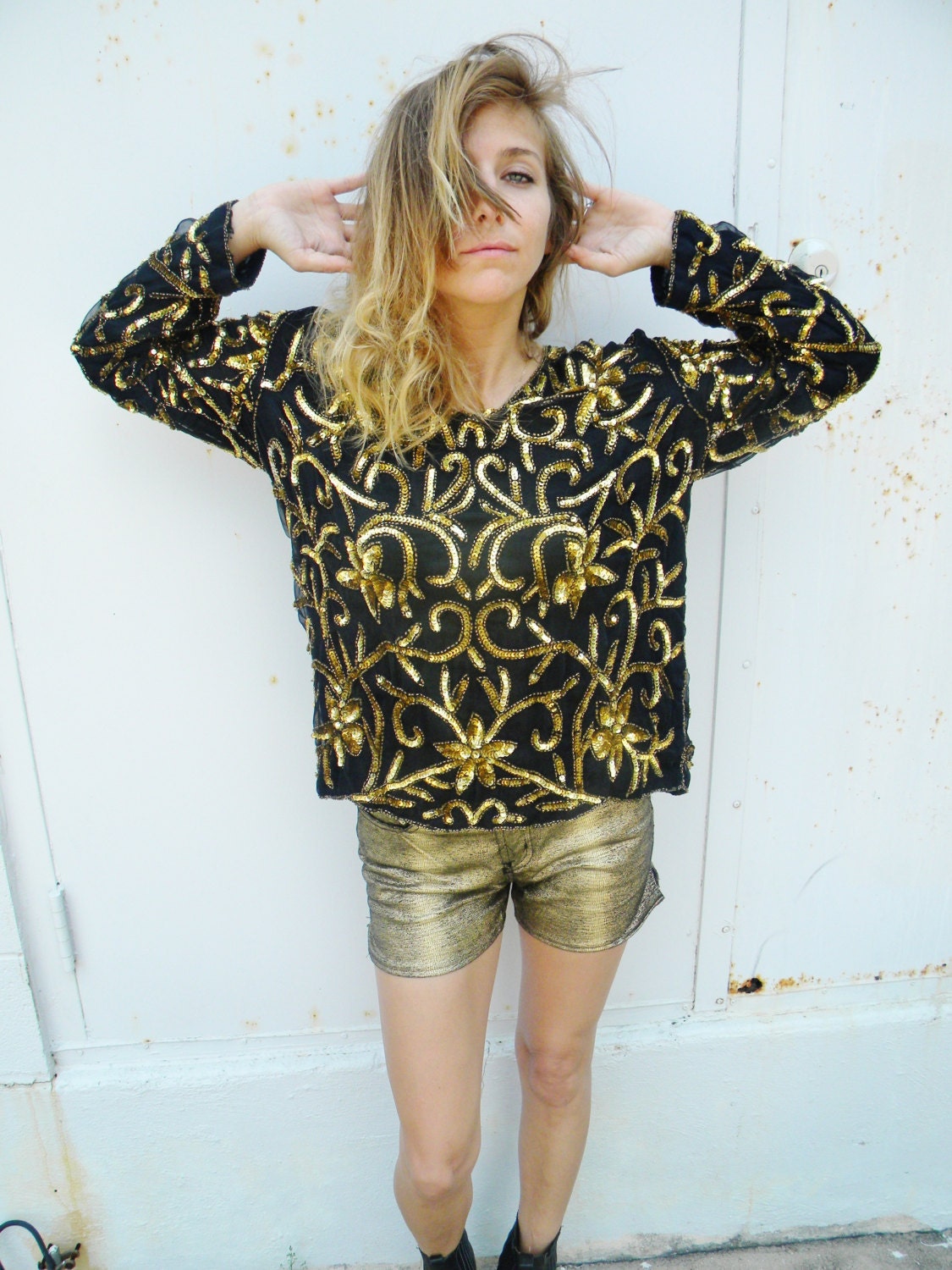 GOLD metallic Sequin trophy blouse. BLACK and shiny gold floral. baroque BOLD disco deco top.