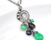 RESERVED for Vicki - Mint Green Chrysoprase and Blue Iolite Spiral Necklace in Sterling Silver - Gunmetal, Oxidized, Summer Whimsy For Her