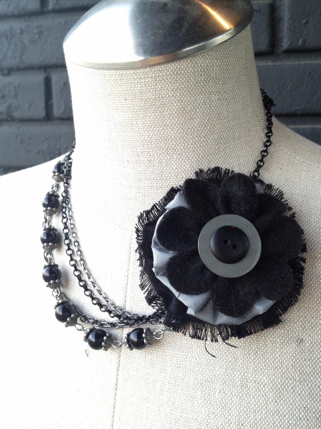 Black Fabric Flower and Beaded Chain Multistrand Necklace