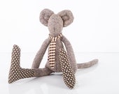ooak city mouse Made from gray  pure silk wears Polka Dots brown sockd ,and Bright yellow maroon plaid silk scarf or tie ,hamdmade eco doll