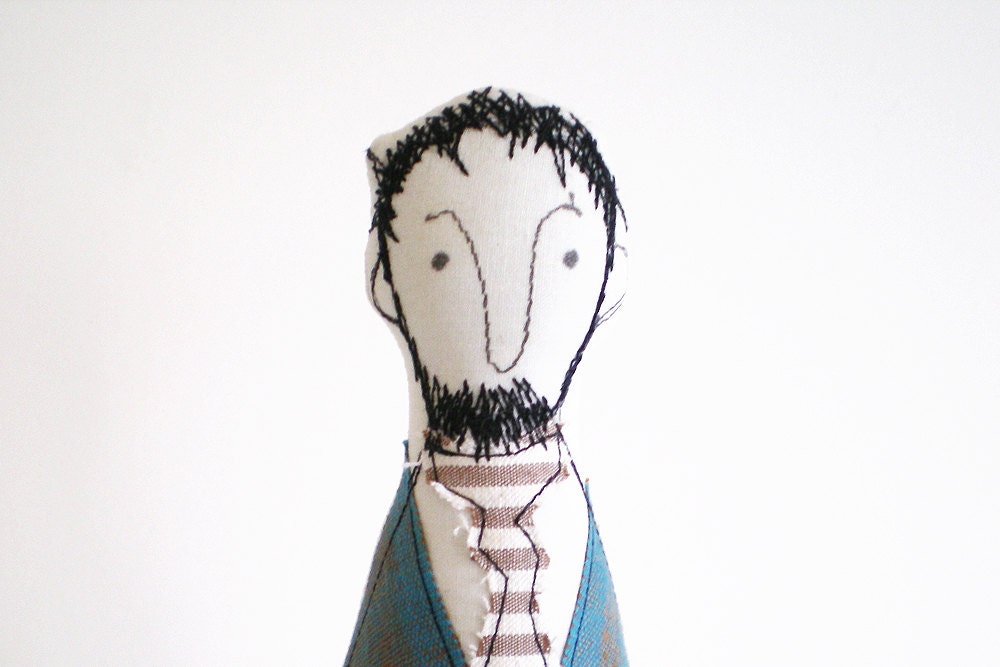 Family guy doll Father or son - man with a beard , in blue purple jacket, Beige striped tie and brown pants - timohandmad cloth doll