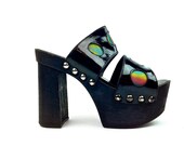 90's Rainbow Hologram and Black Patent Strappy Platform Wood Heels // 8