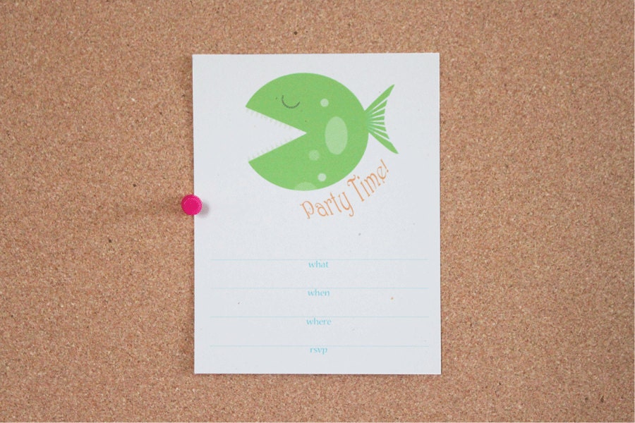 Fish Party Time Eco-Friendly Fill-In Invitations - Set of 12 - Fish. Under the Sea. Summer. Birthday