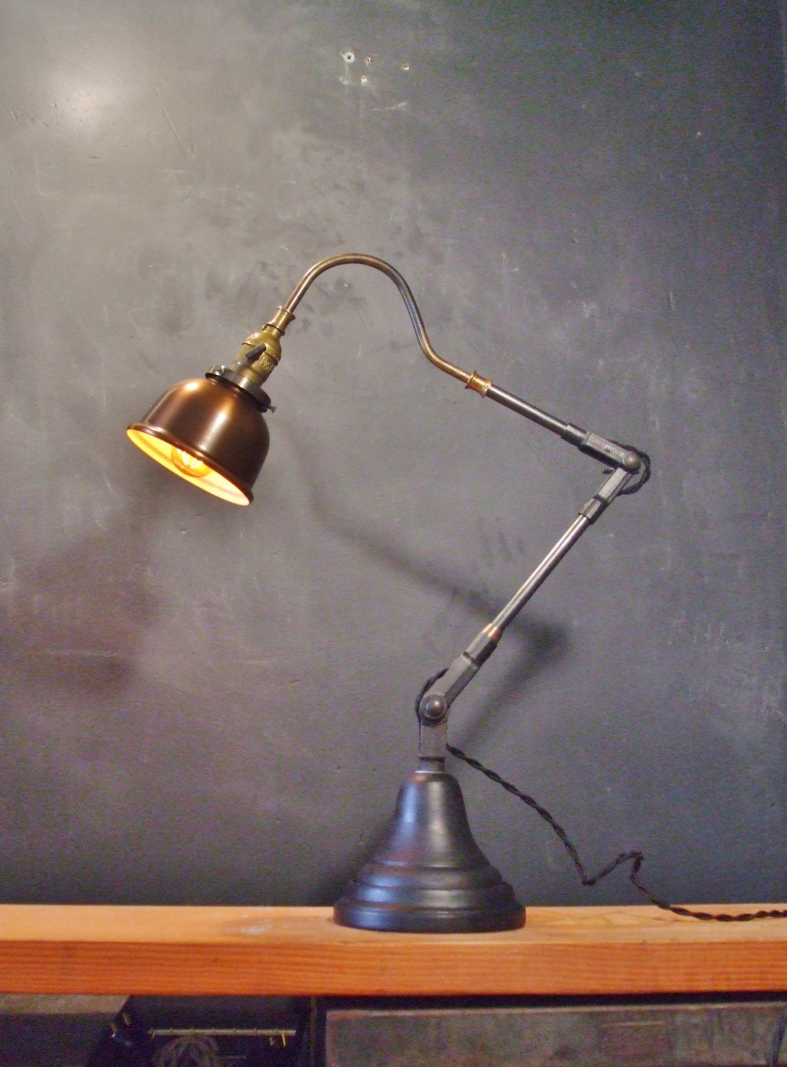 Vintage Industrial Desk Lamp w/ Copper Shade - Machine Age Task Light - Cast Iron - Steampunk