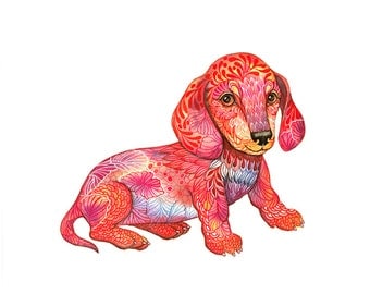 Dachshund puppy, animal art print, pet , size 10x8