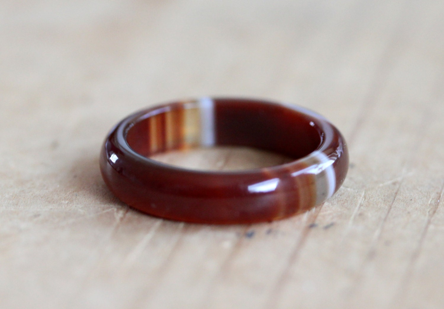 Vintage Brown Agate Stone Ring Size 7 - Natural Carved Gemstone Band - OLDMOE