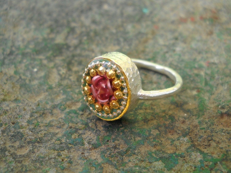Silver ring Rose ring - Sterling silver ring - metal pink and golden dots on mint - hammered silver band