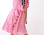 Vintage 70s Mauve Day Dress Pleated Bodice Lace Neckline Pink A Line Skirt Small Medium