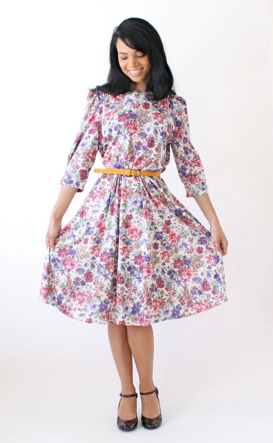 Vintage 70s 80s Dress Floral Print Purple Pink Mustard Yellow w A Line Skirt Small Medium Tabby of California Label