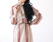 Vintage Paisley Print Secretary Dress w Pussy Bow A Line Skirt 70s Retro Clothing Small Medium Mustard Yellow Burgundy Sage Green Maroon