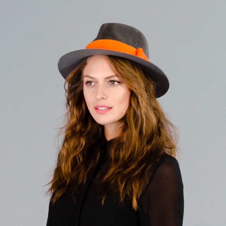 Grey Fur Velour Fedora with Bright Orange Hatband