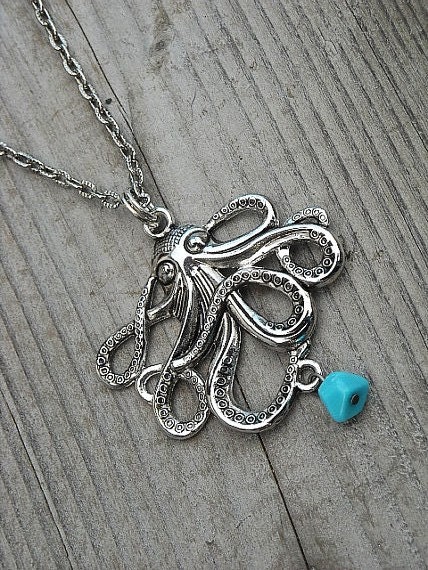 Octopus Necklace, Steampunk Octopus Necklace, Nautical, Rockabilly, Antiqued Silver Octopus Necklace,