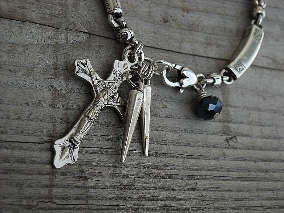 Gothic Charm Bracelet, Gothic Jewelry, Crucifix Bracelet, Cross Bracelet, Spiked Bracelet, Bracelet with Spikes, Silver Chain Bracelet,