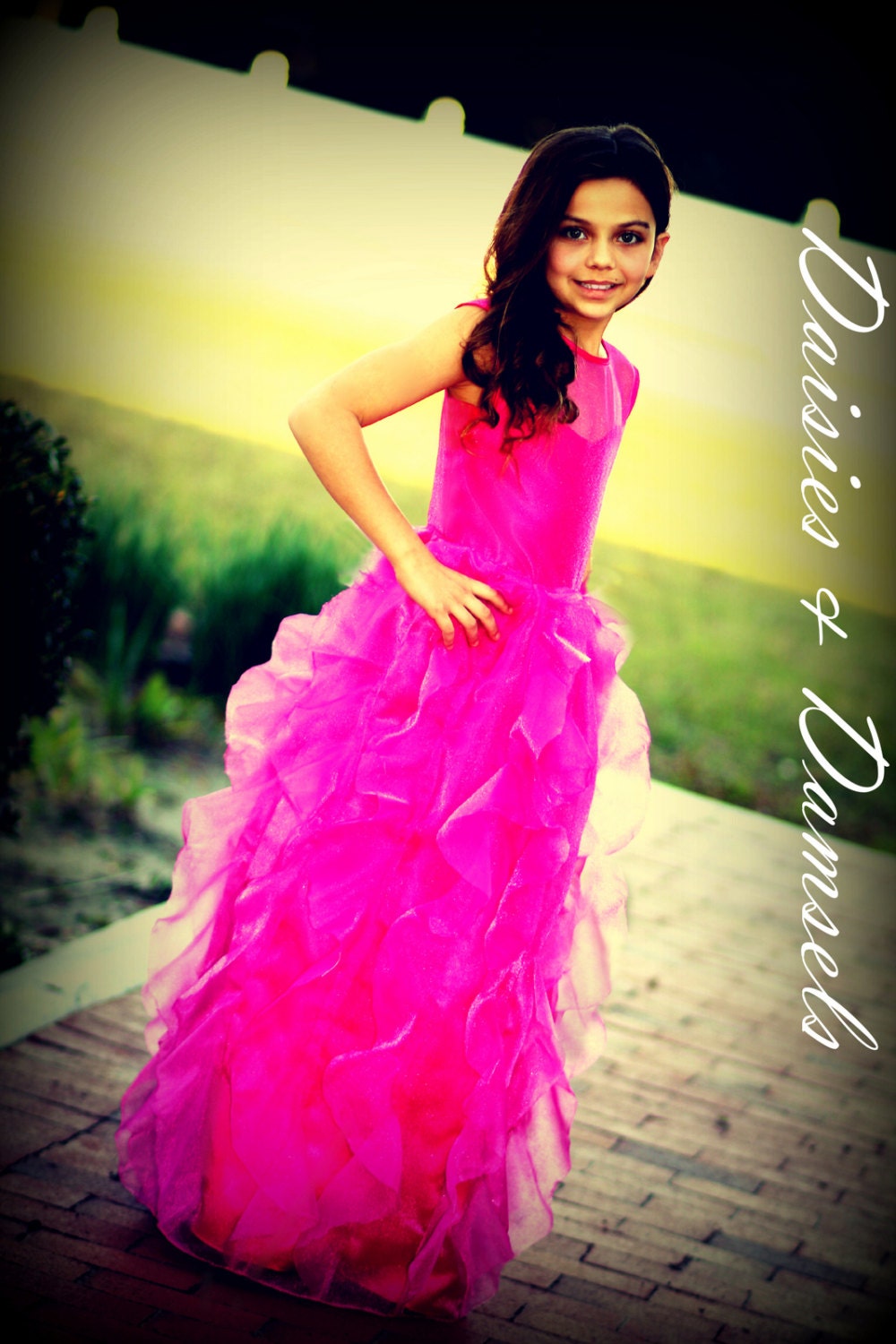 Junior bridesmaids dress, flower girls preteen gown, fushcia fuchsia hot pink ruffled organza