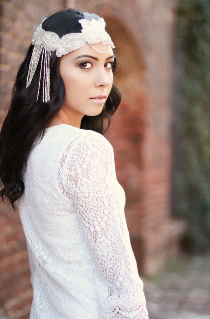 Silver White Beaded Headdress with Velvet and Silver Leaf Accents - SILVER SIREN