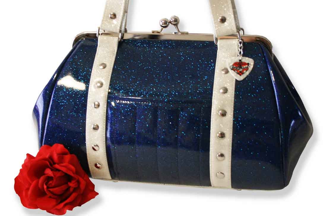 Royal Blue Sparkle Handbag with Your Choice of Contrast Vinyl, Rockabilly Purse, Navy Blue - MADE TO ORDER