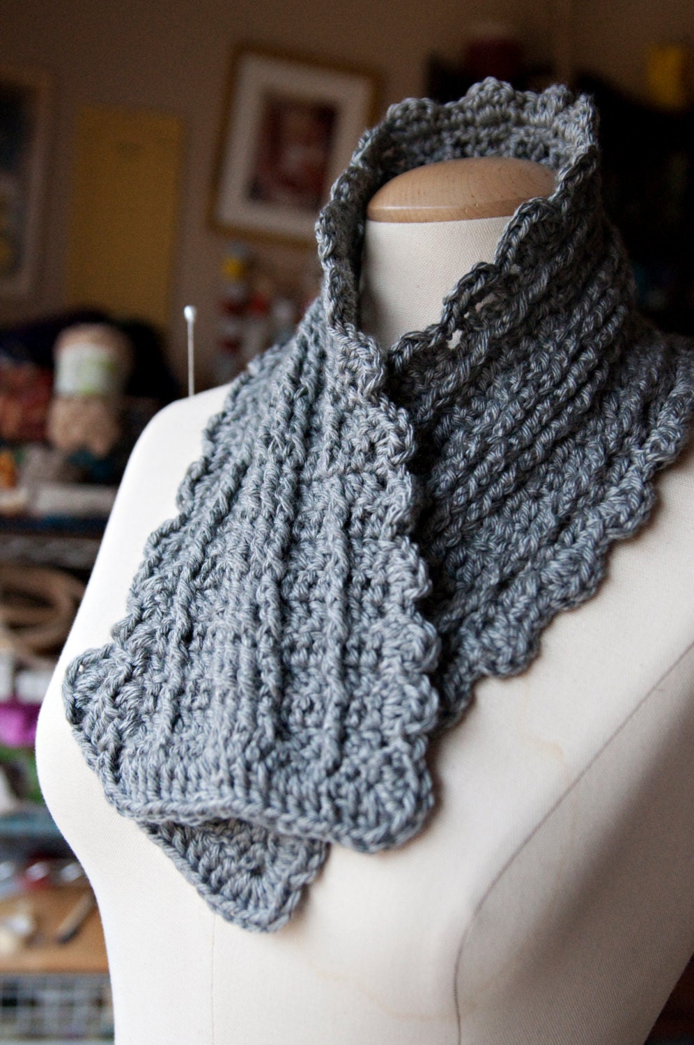 Grey Victorian Crocheted Button Cowl