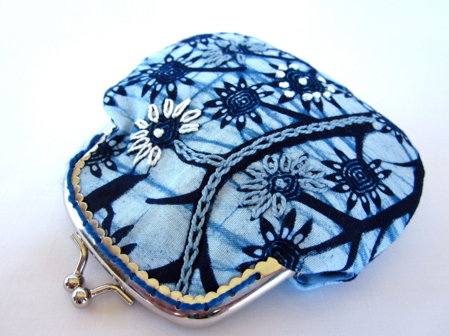 hand embroidered snap coin purse wallet - blue white African wax fabric modern tribal - julieandco2 - metal kiss lock frame