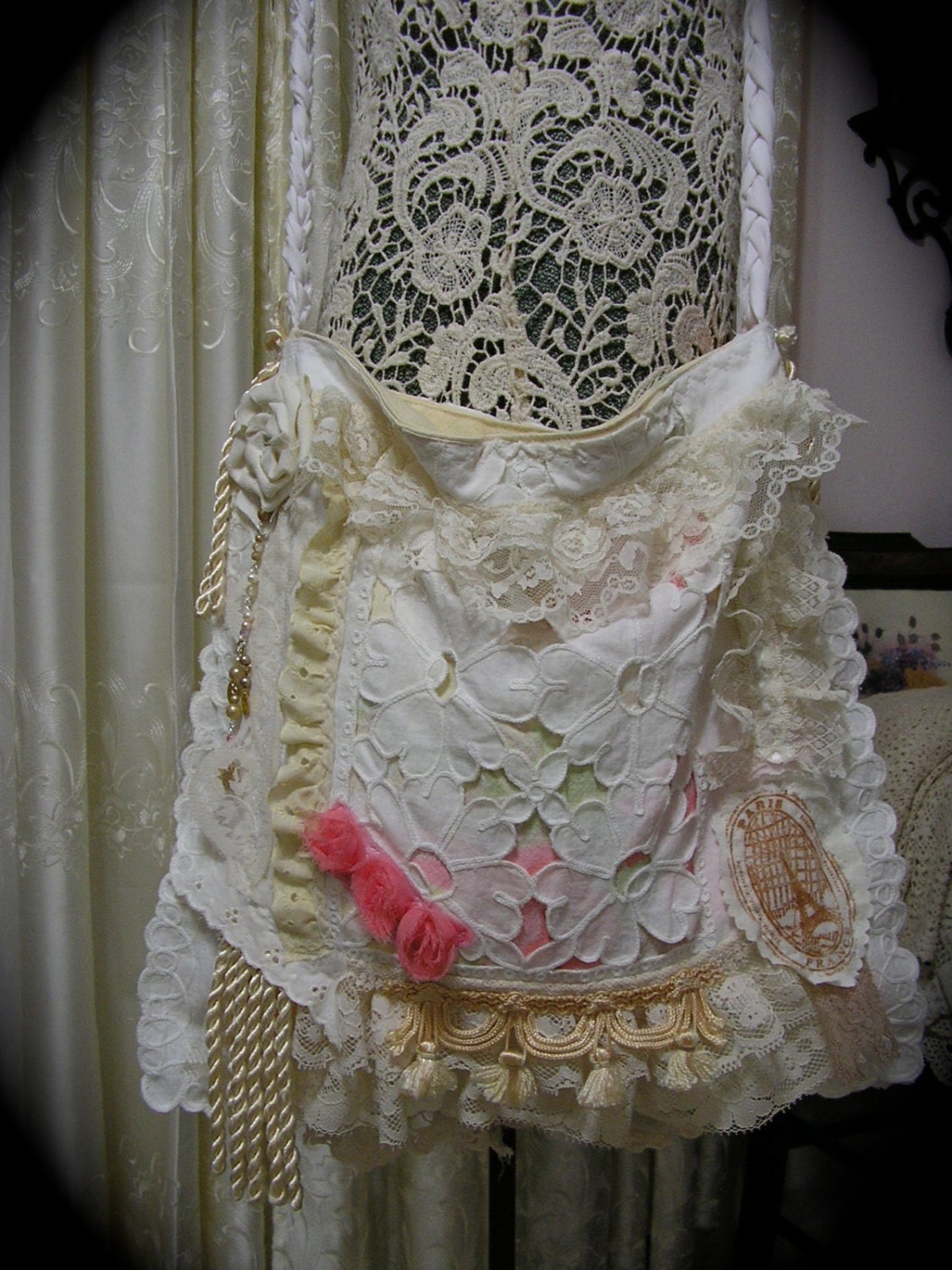 Shabby Cottage Purse, handmade Victorian chic, romantic ruffled laces, fringe, pearls, white creme pink