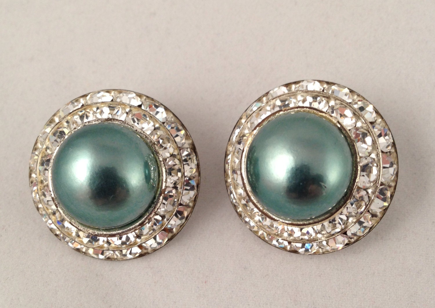 Gorgeous Channel Set Rhinestone & Grey Mabe Pearl Clip On Earrings  - Vintage - Rhinestones - bridal - wedding - silver - gray pearls