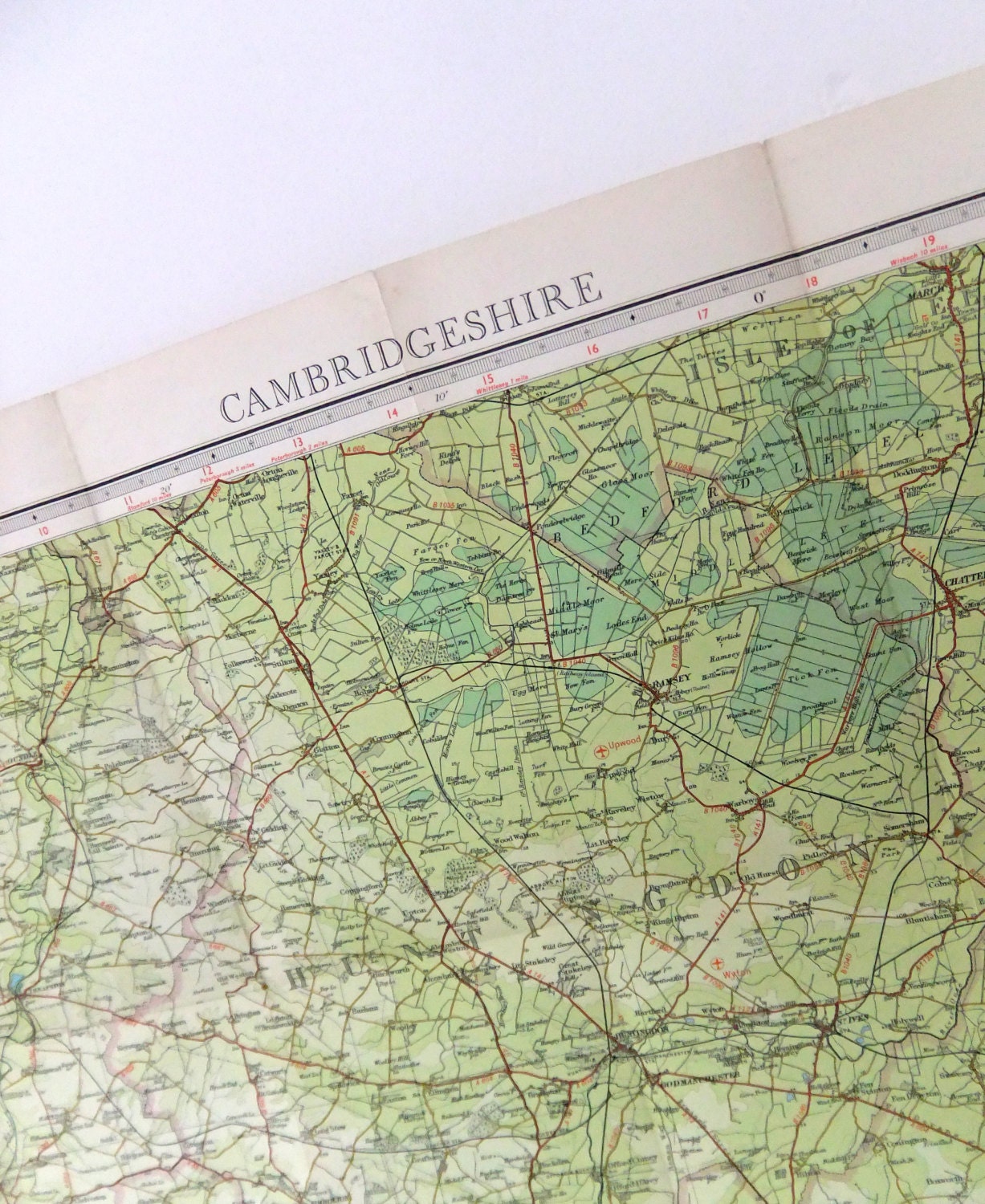 Cambridgeshire Map. Vintage Map. Cambridge, England.  English map. Home Decor. Wall Hanging. Office Decor. Large Map. Father's Day gift