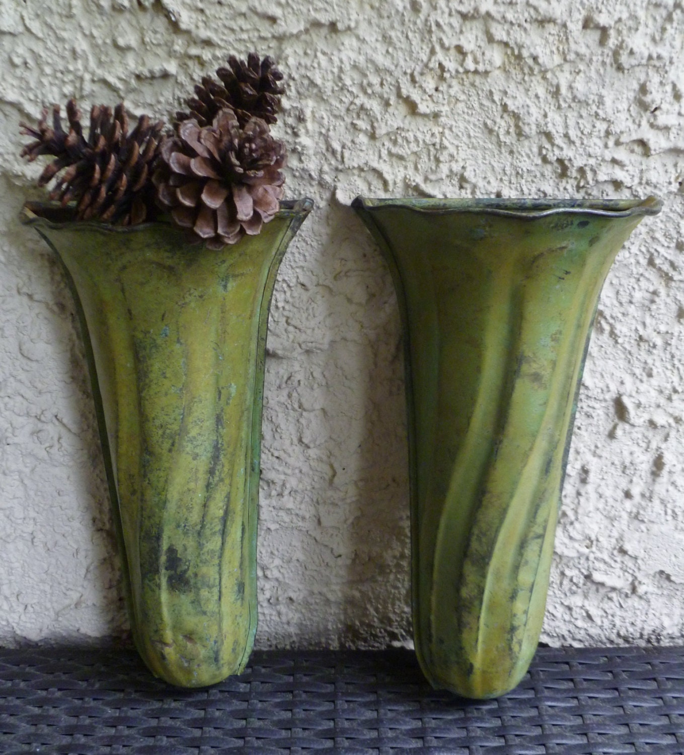 2 Metal Wall Pockets Vases Planters. Vintage Aged Verdigris Patina. Indoor Outdoor Wall Decor. Garden Decor. Pair.
