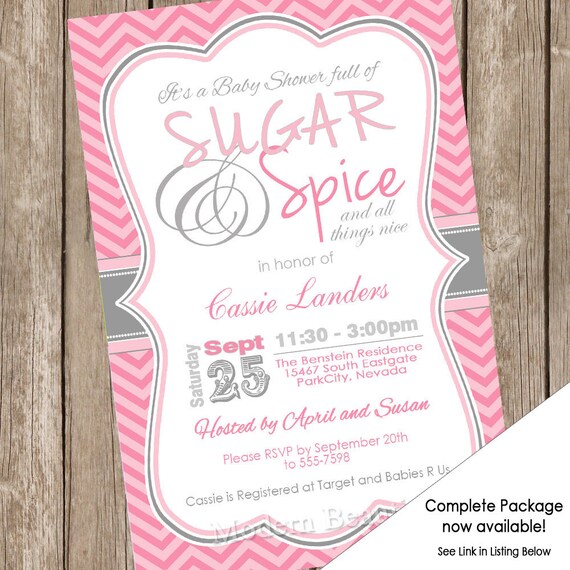 Chevron Sugar and spice girl baby shower invitation, pink, grey, stripe, digital file, design 1 Il_570xn