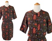 Early 1960s Vintage Cropped Box Jacket Skirt Suit /   Abstract Art Inspired Print /  Waist 26 inch
