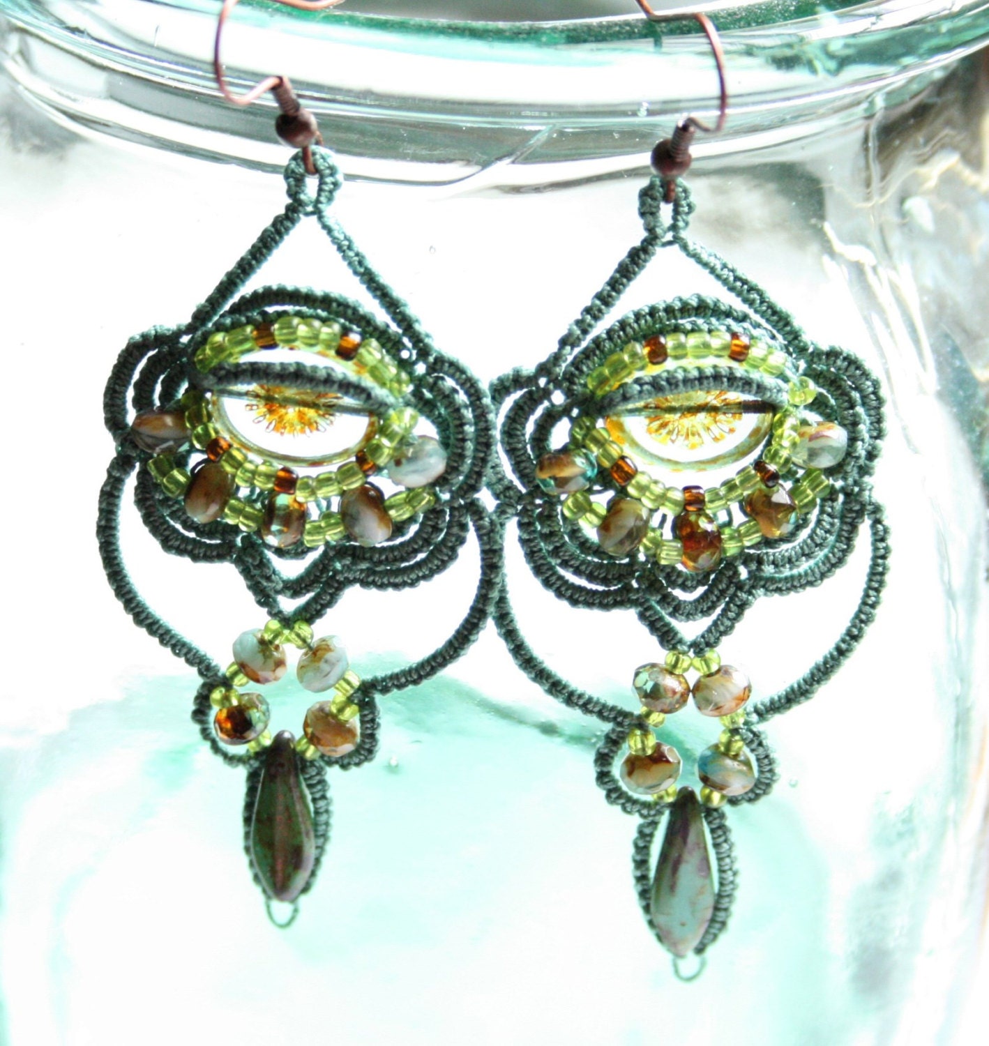 Chandelier Style Tatting Beaded Fern Green Earrings