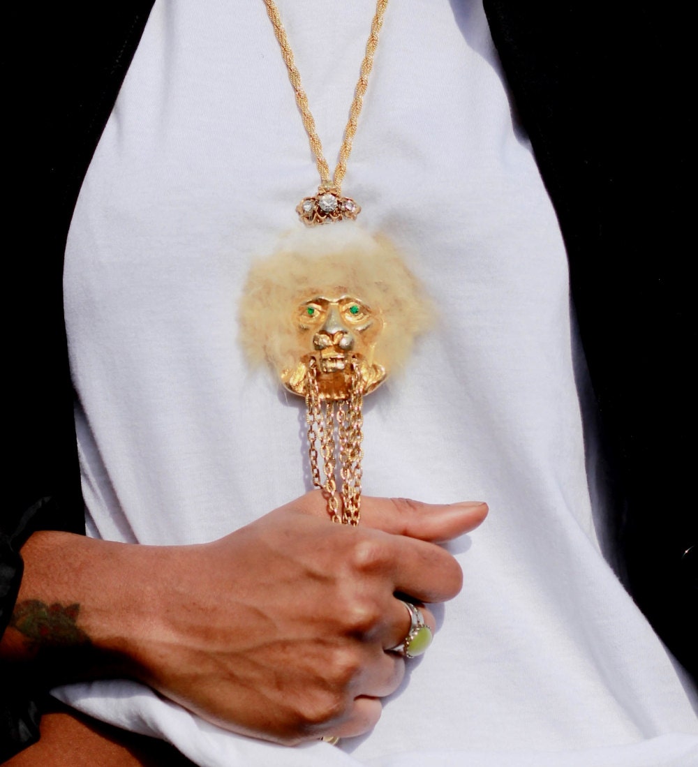 Royal Lion Pendant, Vintage Large Gold Lion with Chains dangling from his mouth. Upcycle rhinestone crowned Lion, OOAK