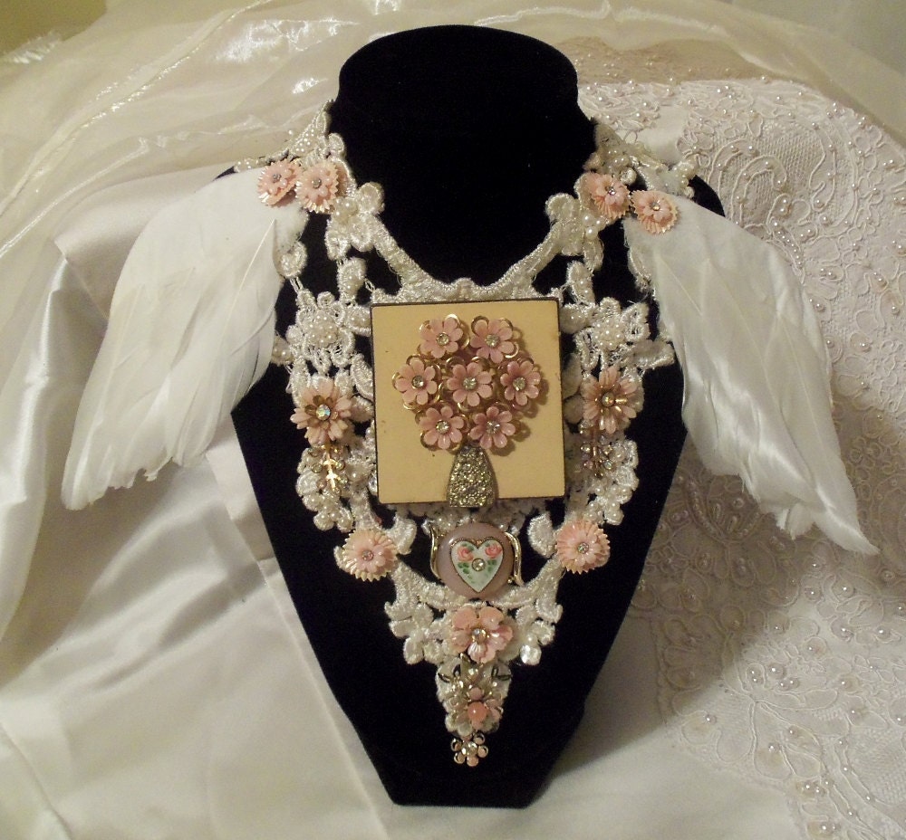Angel Wing Necklace, Feather Bib with vintage compact, Beaded n Bejeweled, Haute Couture Bridal Choker