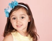 Blue and White Baby Flower Headband - Ballerina Floral - babies toddler headbands for children Chiffon Pearls and Satin Bow Headband