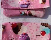 pink cupcake wallet or pink and blue modern quilted  wallet with crystal accent ooak