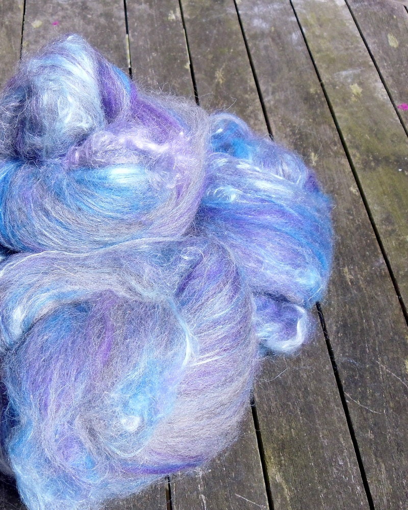 Hand Carded Batts, 100g total, spinning wool, merino, shetland, silk, mohair, purple, grey, blue