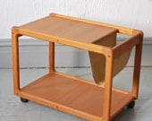 Mid Century Danish Modern Solid Teak Side Table / Cart / Trolley with Suede Magazine or Book Holder - Unique - Made in Denmark-Mobelfabrik