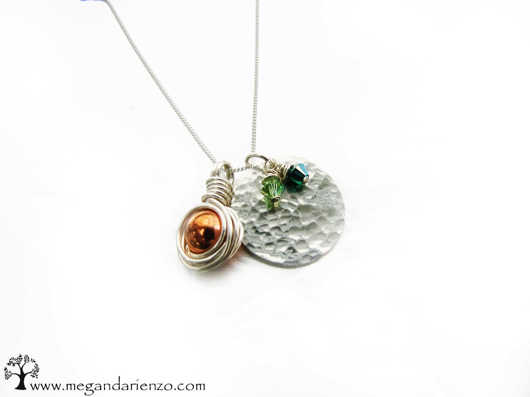 Personalized Birthstone Necklace, Modern Mother's Necklace, Hammered Silver Disc and Copper Wire Wrapped Charm Necklace