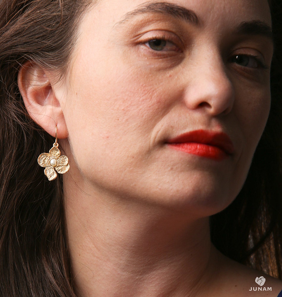 Gold Pearl Flower Earrings,18 karat gold plated, lovely, handmade earrings, pearl and gold, unique design, floral earrings, thanksgiving