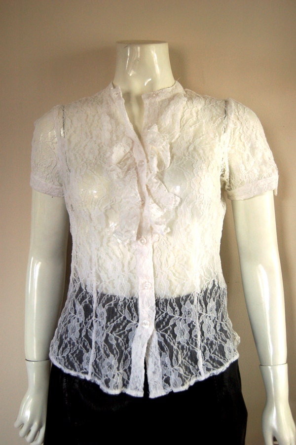 White Lace Blouse with Ruffles - Short Sleeved - Vintage 80's