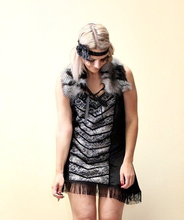Black and white Print faux fur collar 1920s pin up dress up girls womens