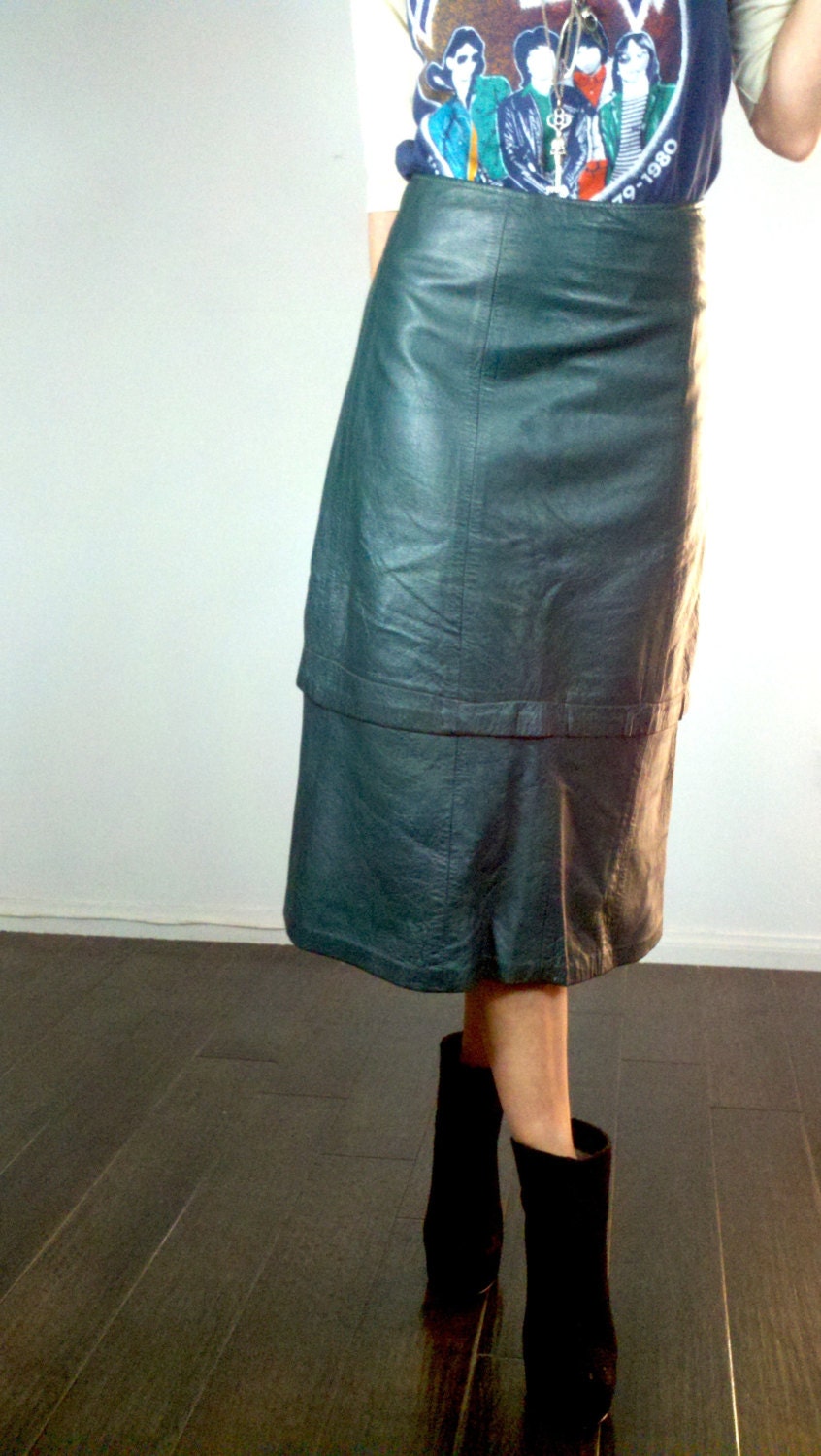Vintage 70s 80s Forest Green Leather Midi Skirt
