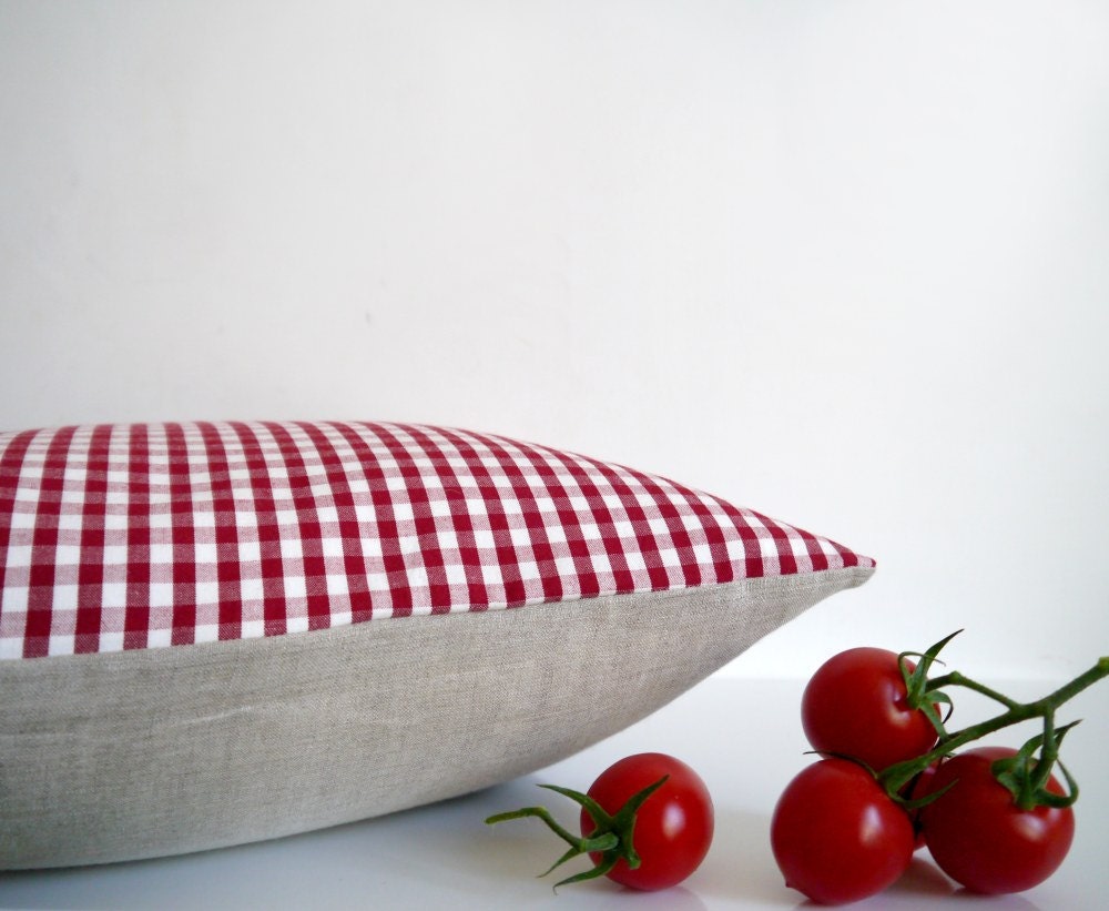 Red gingham pillow - red check with natural linen, organic cotton throw pillow, cushion cover