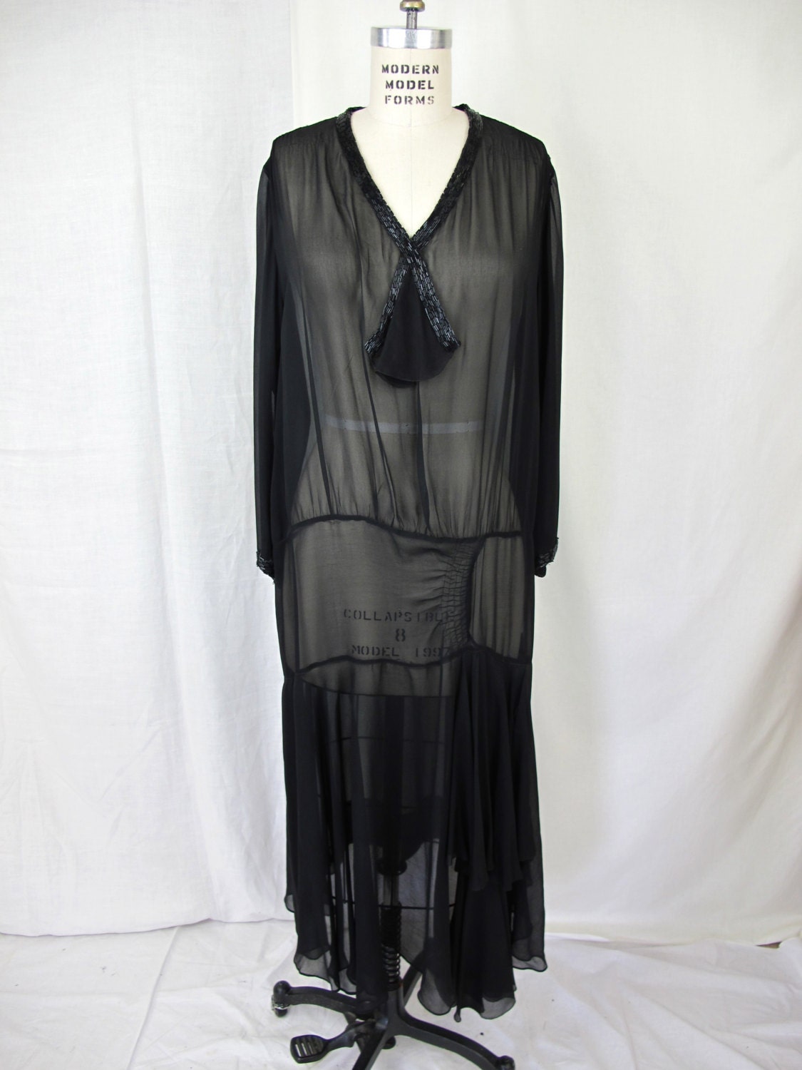 1920s Flapper Jet Beaded Silk Chiffon Dress Larger Size