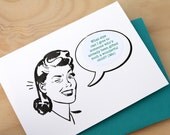 Father's Day Retro Girl Mad Men letterpress sticker card - turquoise blue, charcoal black ink, choose from a selection of 8 messages sticker