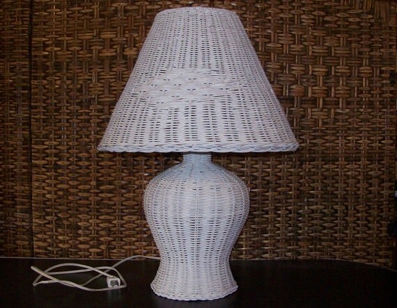Vintage White Wicker Table Lamp Light & Shade by HoosierPickers