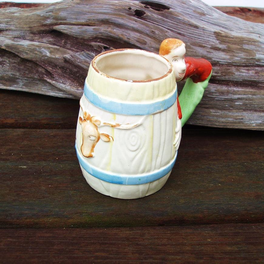 Milk Mug, Kids Cup, Occupied Japan Handpainted Cowboy / Western Baby / Longhorn Steer