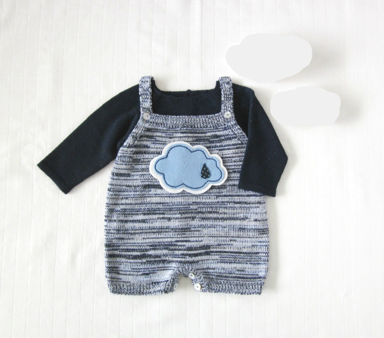 Knitted overalls in blended blue with a cloud. Baby boy. Baby girl.100% wool. READY TO SHIP size 1-3 months.